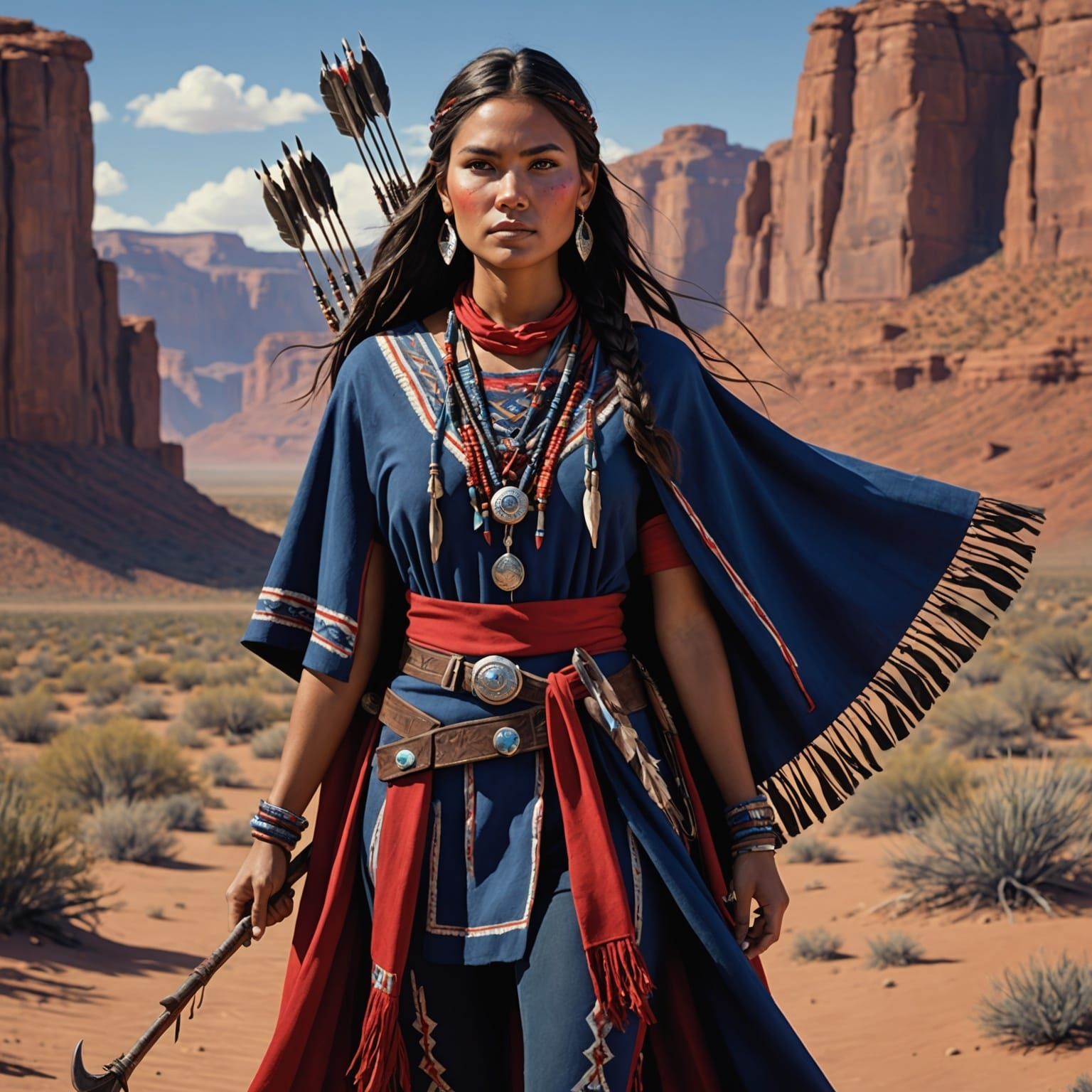 Navajo Woman Hunter in Desert Landscape