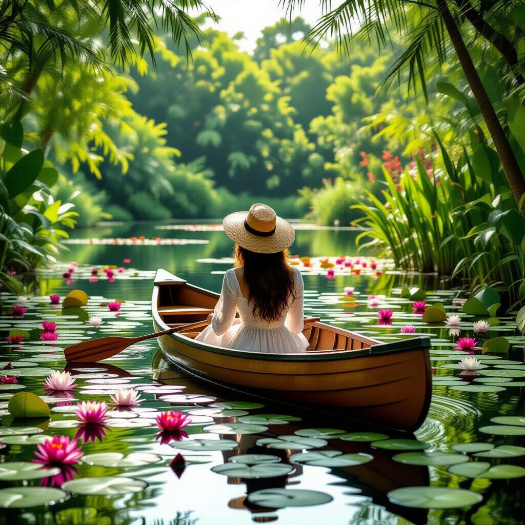 Woman in White Dress in Brown Canoe on Waterlily Lake