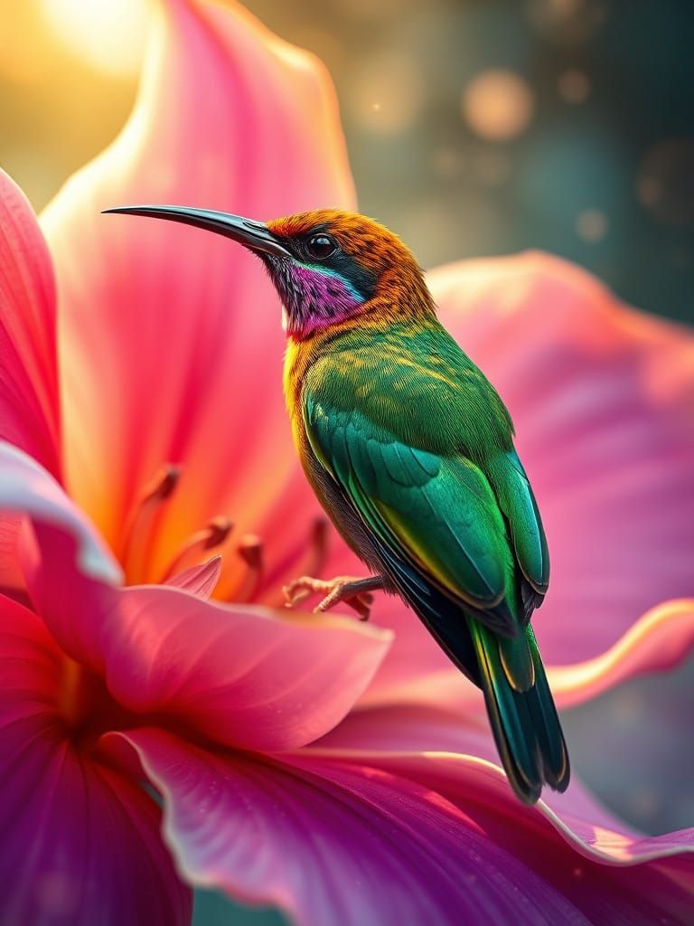 Majestic Sunbird on Vibrant Flower in Ethereal Light