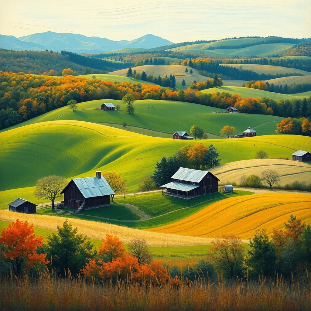 New England Farmland in Gouache Impressionist Style