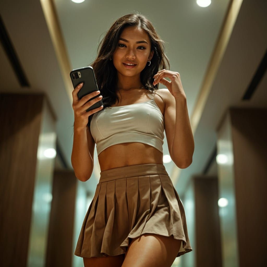 Confident Asian Woman in Trendy Outfit, Captivating Smirk