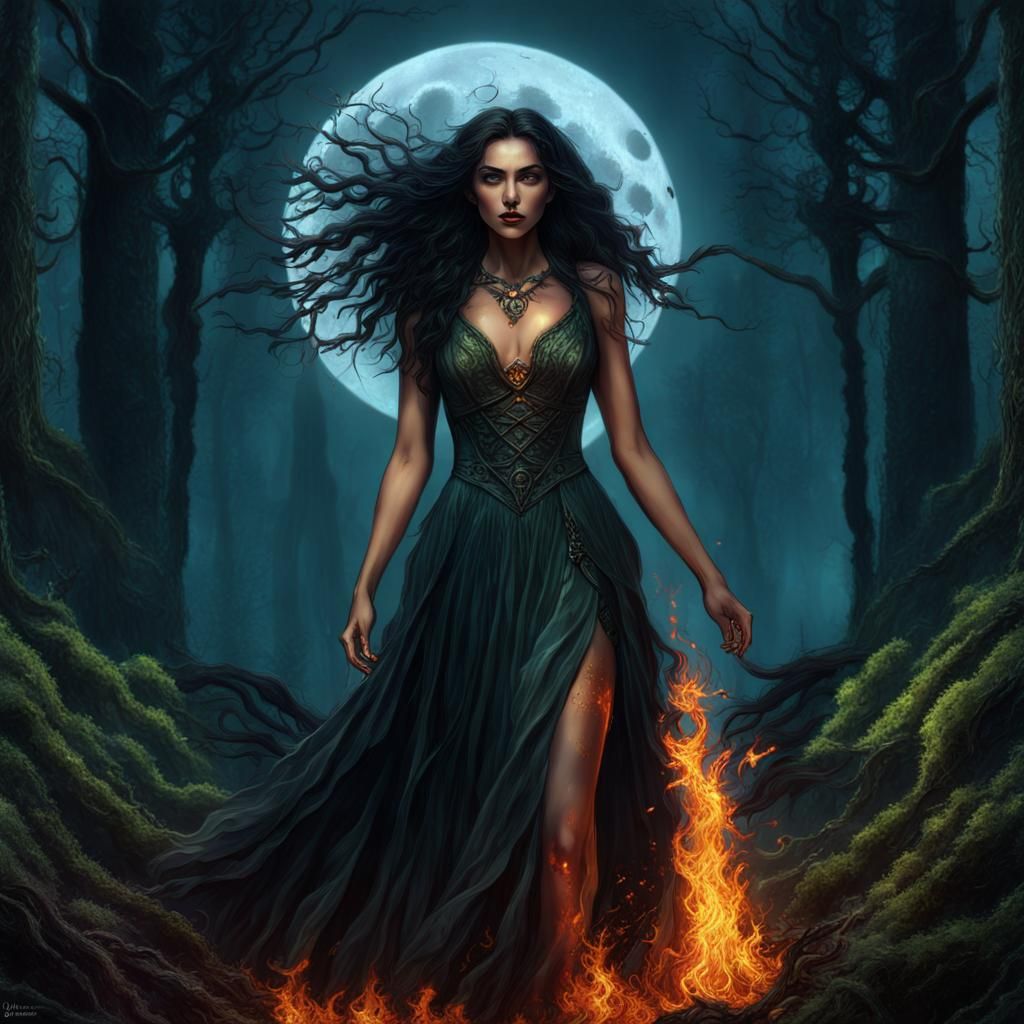 Nature Witch Under Beltane Moon in Fantasy Art