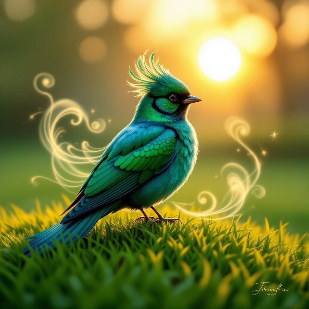 Ethereal Emerald Bird on Lawn at Sunset