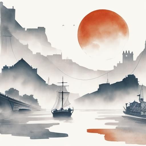 Steampunk Boat on Thames: Ink Painting