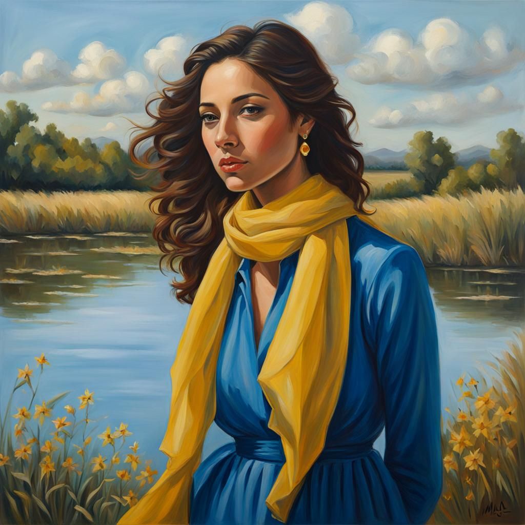 Woman at Riverbank in Modern Figurative Style