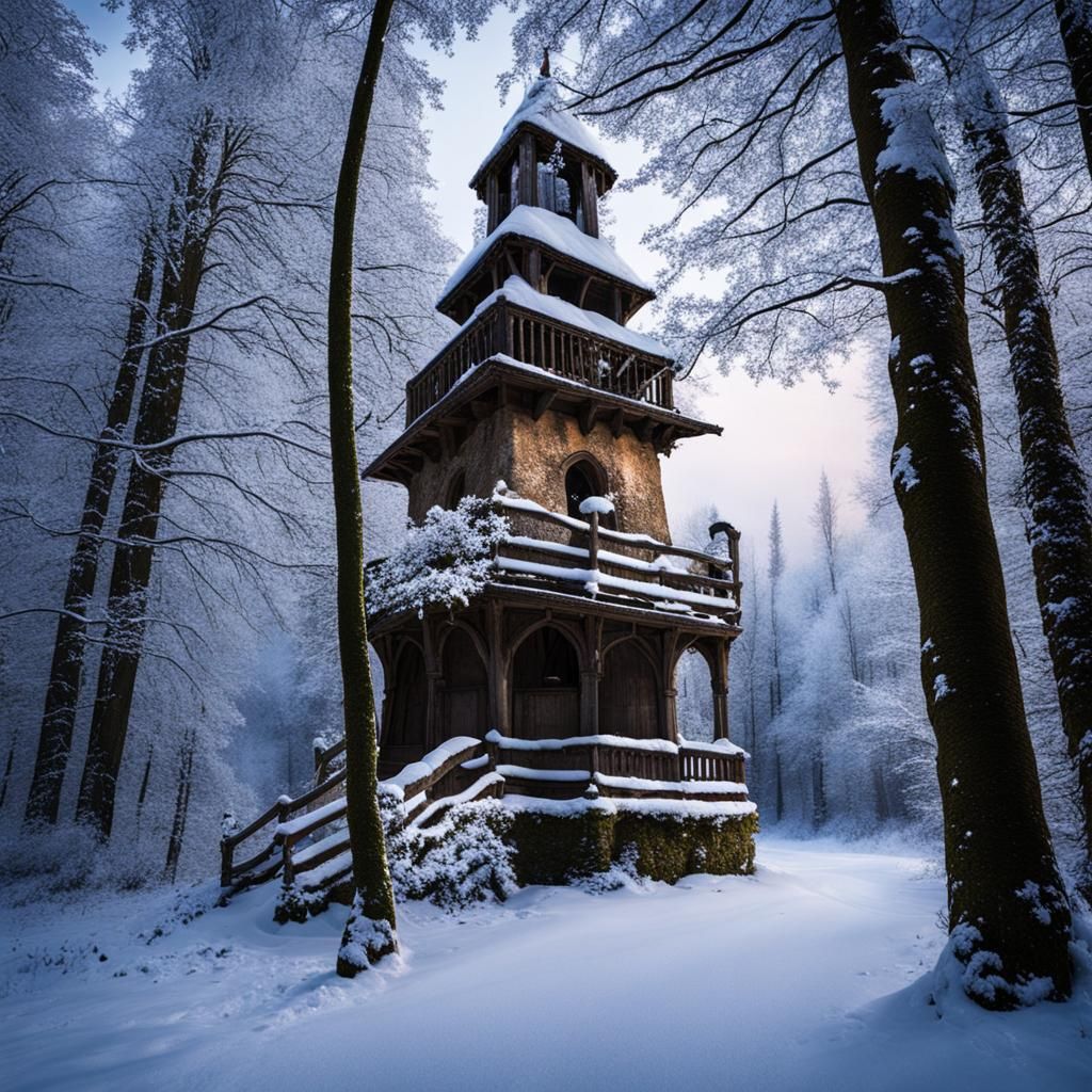 Snowy Abandoned Tower in Magical Winter Forest
