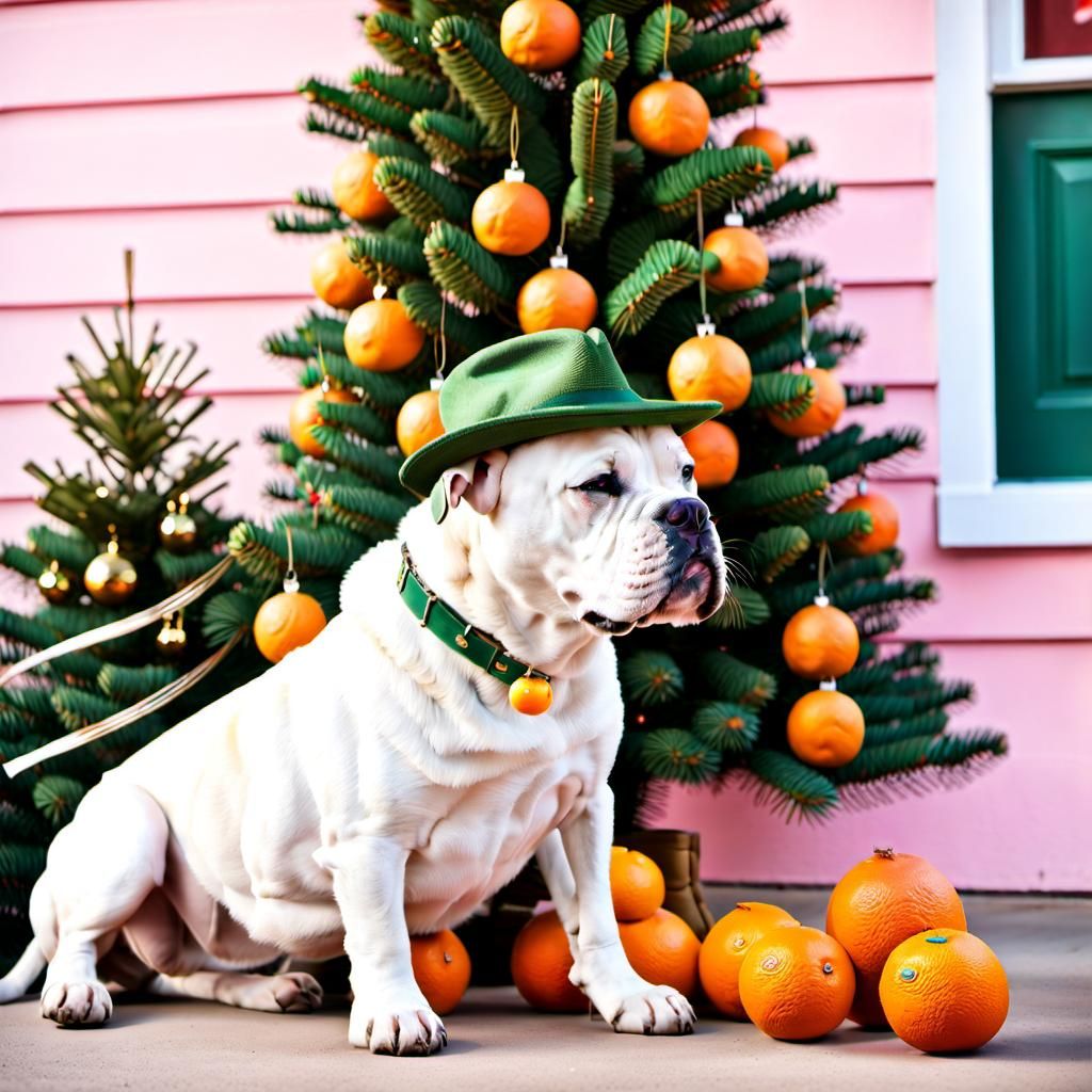 Festive Bulldog with Fedora in Front of Pink House