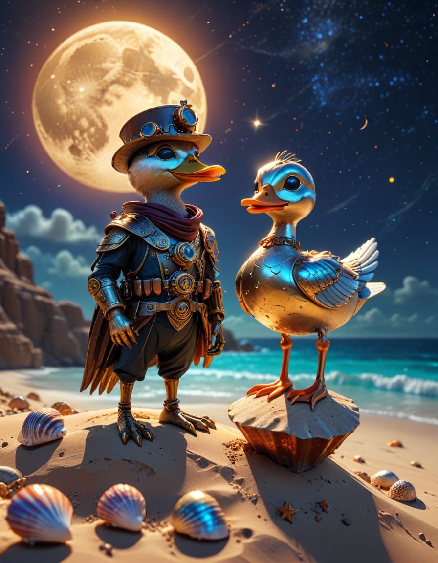 Steampunk Tutankhamun and Duck on Hill at Night