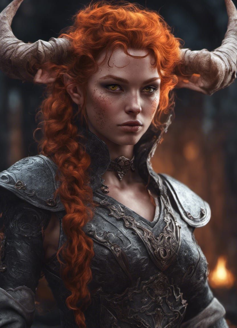 Ginger Tiefling Warlock in Hyperrealistic Style