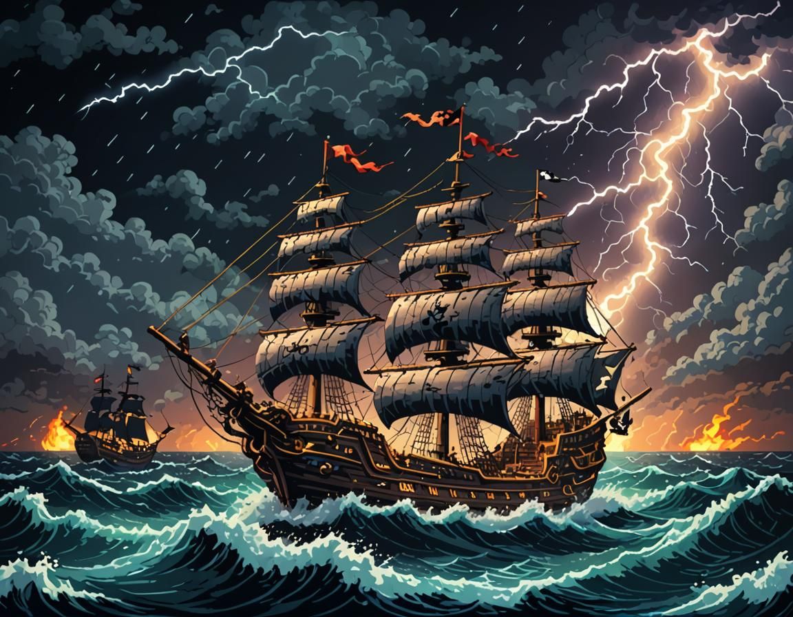 Pixel Art Pirate Ship on Stormy Seas