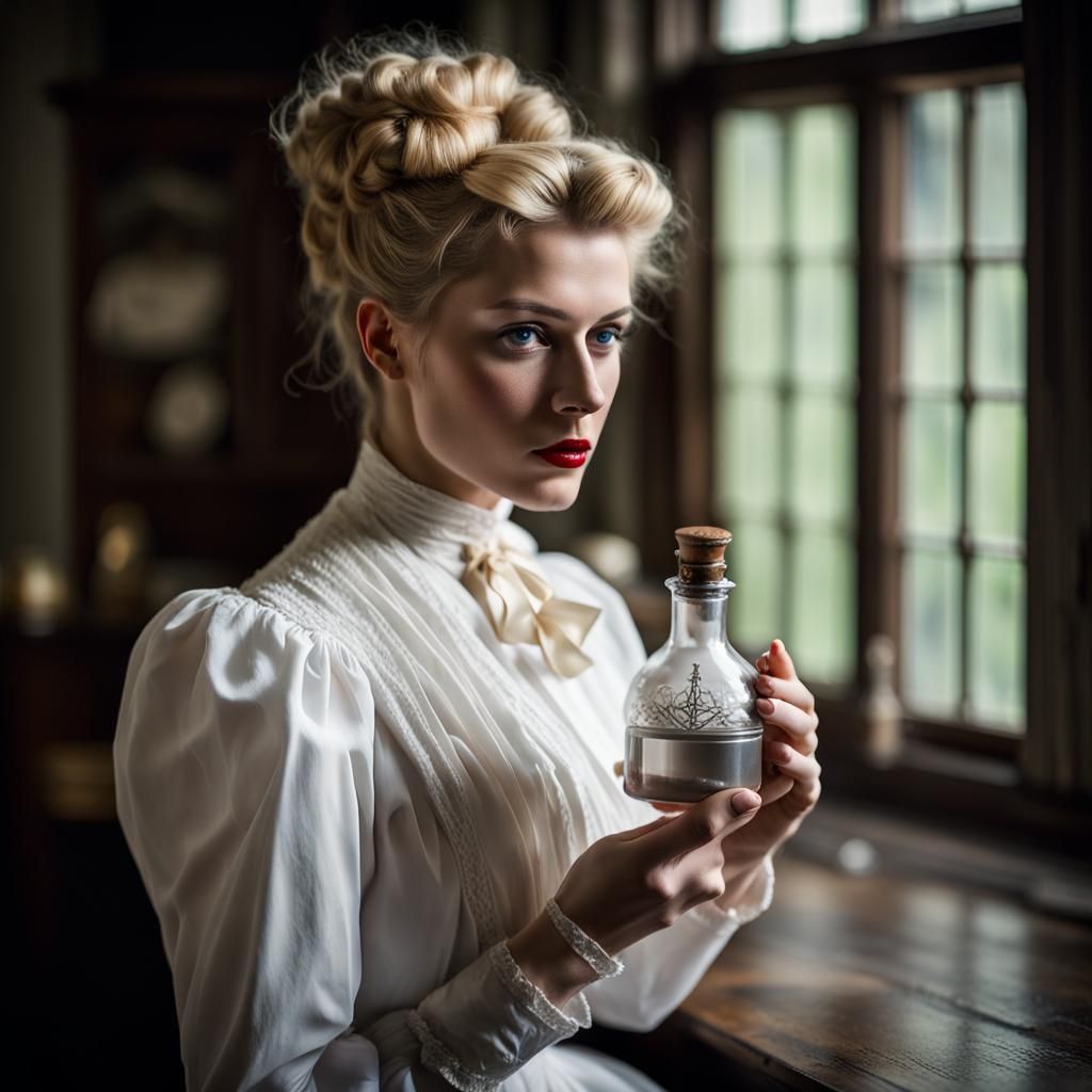 Edwardian Woman with Poison in Dark Laboratory