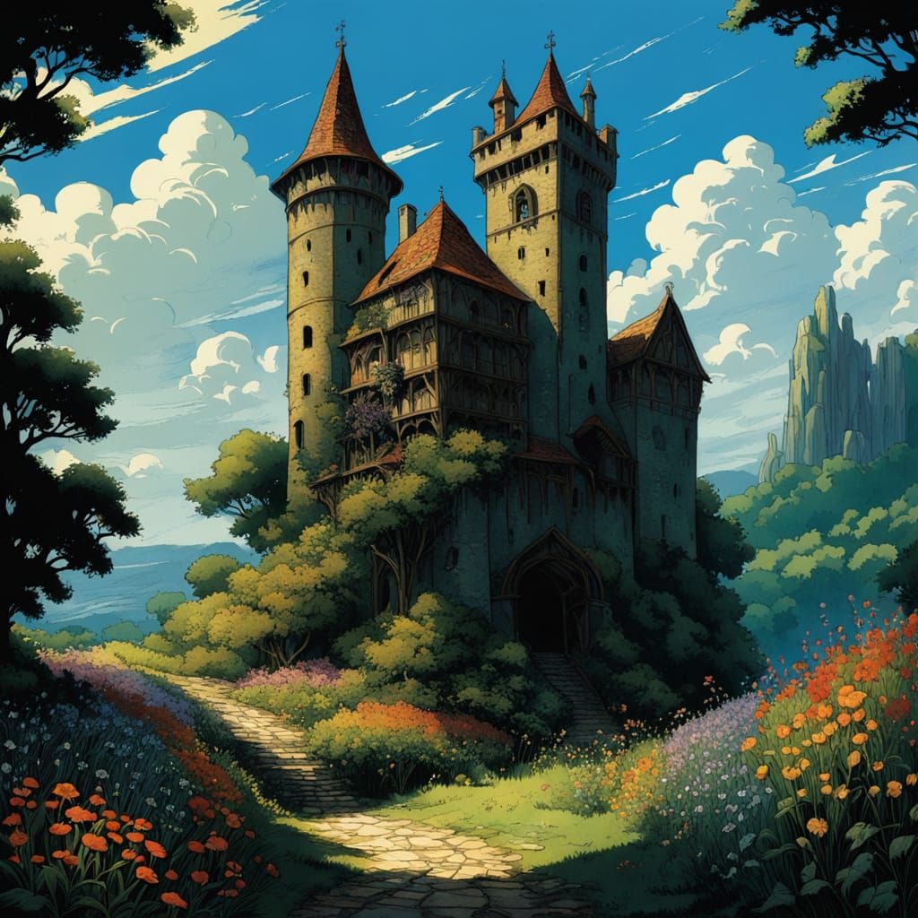 Fantasy Medieval Tower in Studio Ghibli Style
