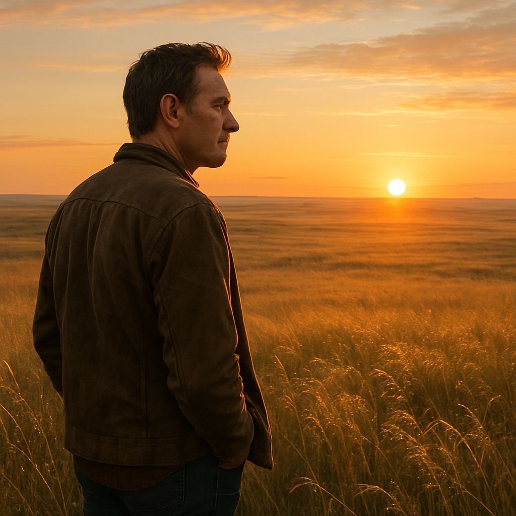 Lonely Man Gazing at Prairie Sunrise