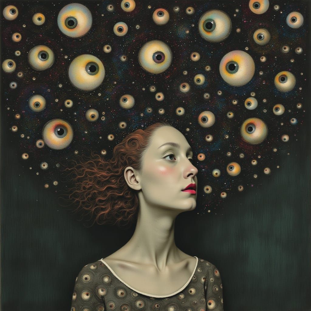Woman Contemplating Swarm of Ethereal Eyeballs