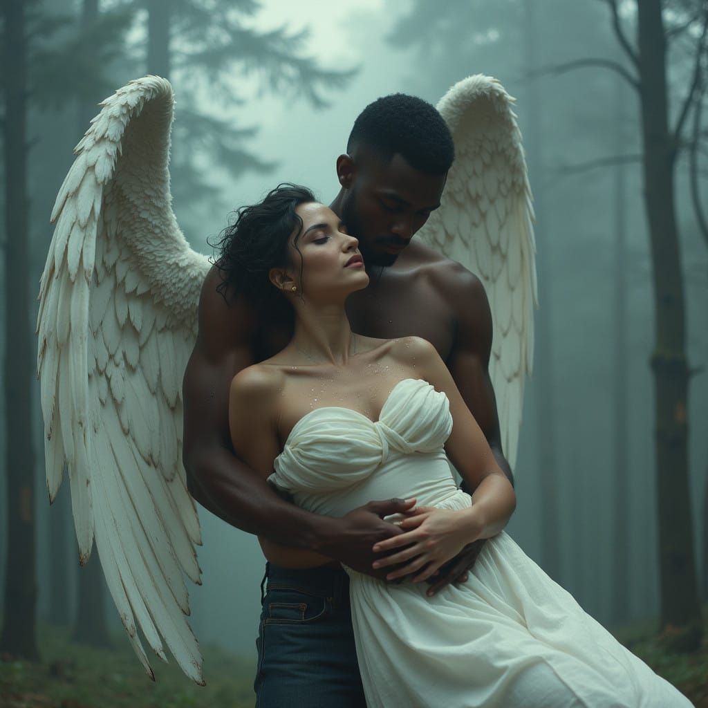 Ethereal Angelic Figure with Wings, Cradling a Fainting Woma...