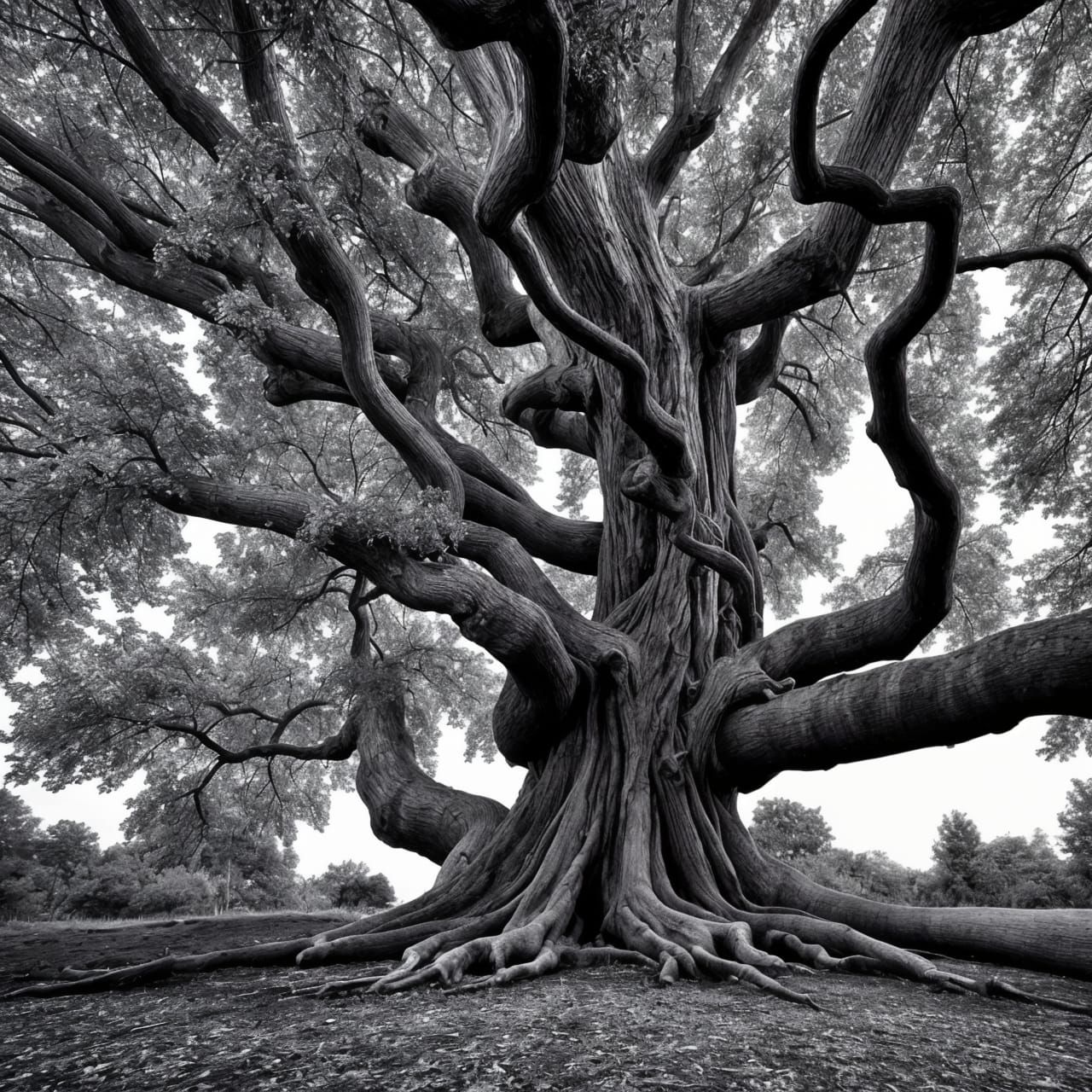 Photorealistic Tree with Sabattier Effect: Hyperreal Detail