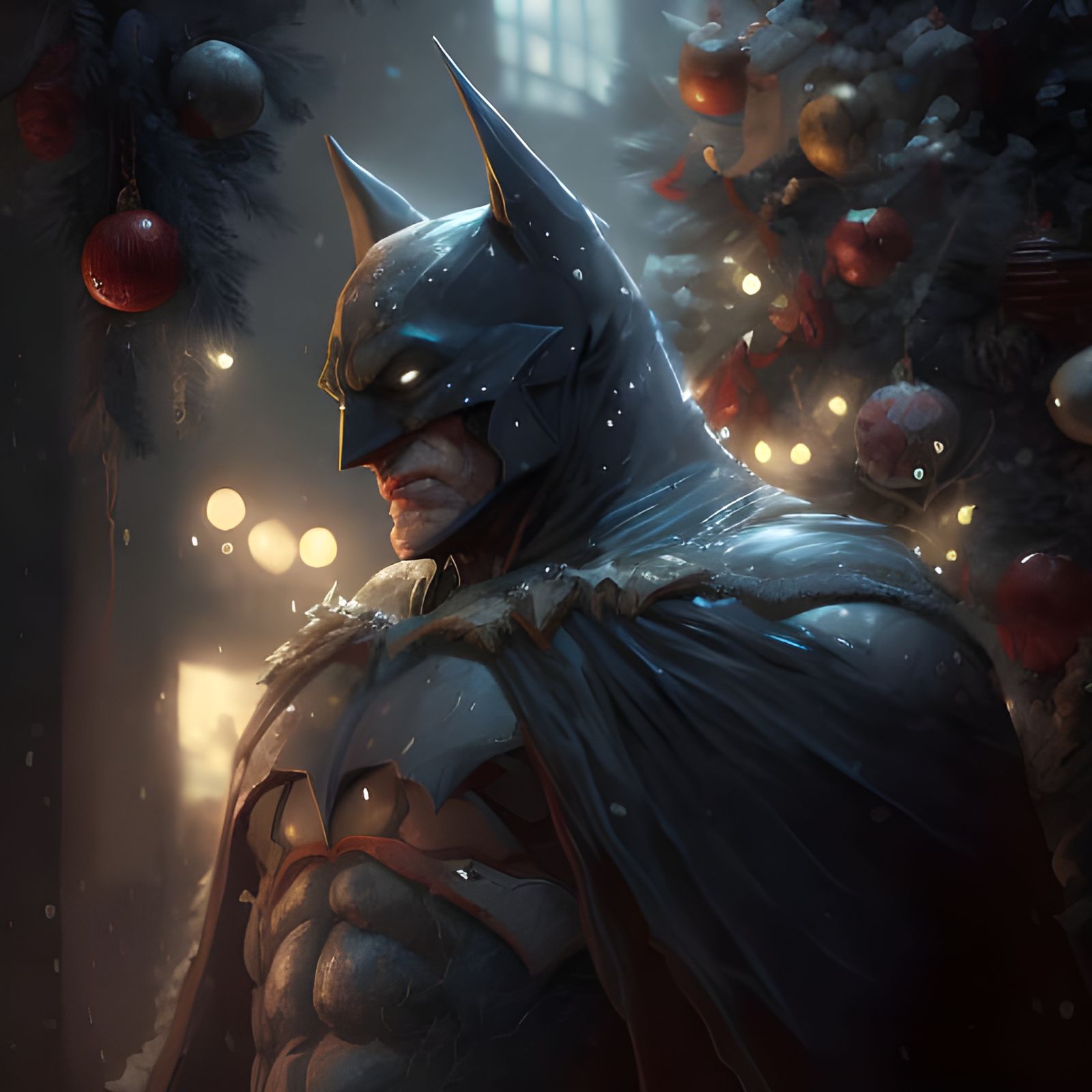 Batman Portrait Before Christmas Tree in 8k
