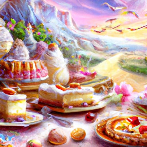 Ethereal Fantasy Desserts in Kinkade Style