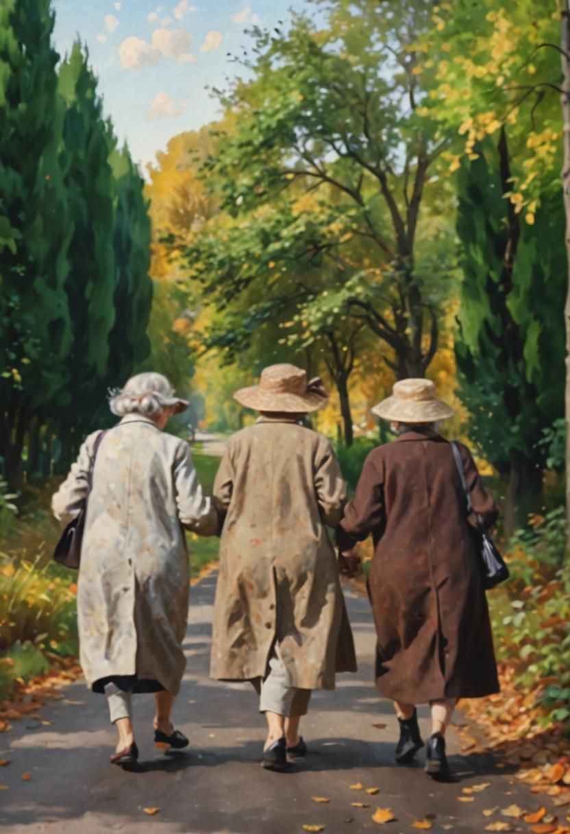 Impressionist Painting: Three Ladies on a Windy Lane