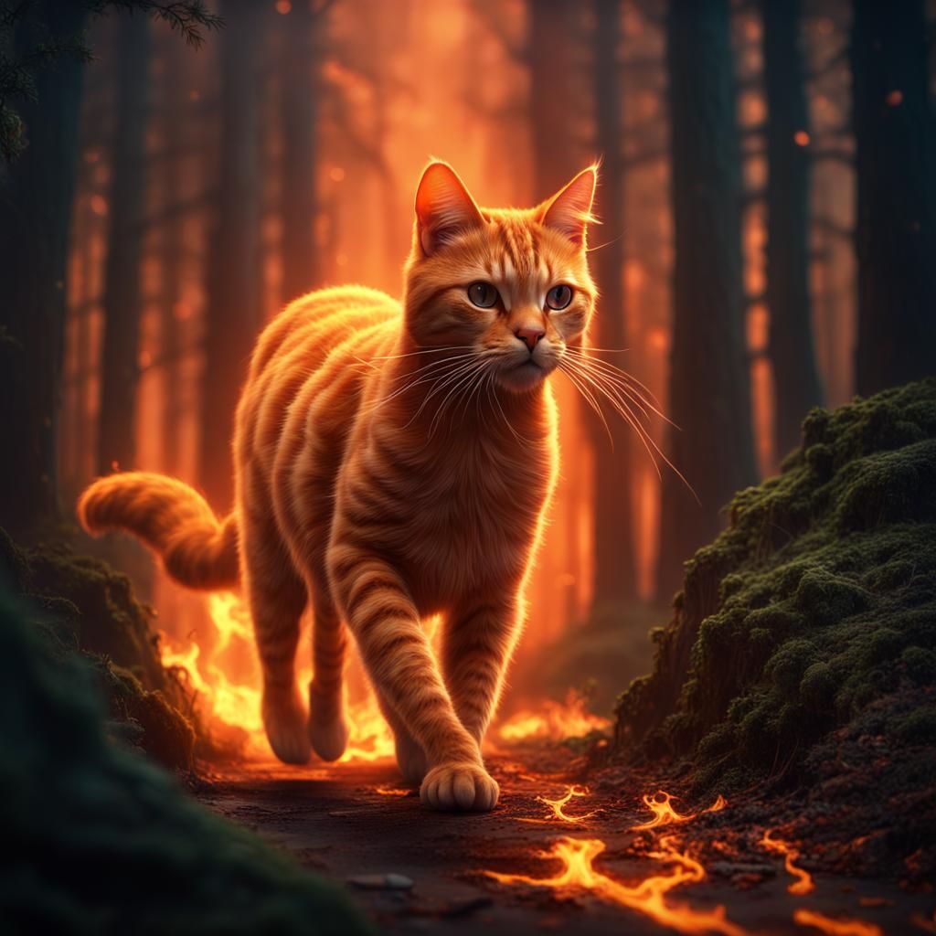 Fiery Feline Trails Through Dark Forest