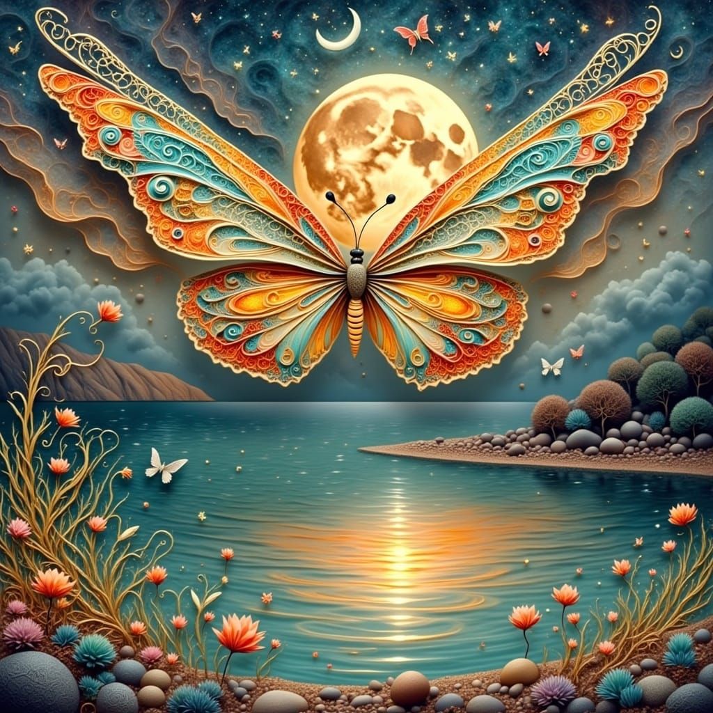 Dreamlike Butterfly in a Moonlit Lake Landscape