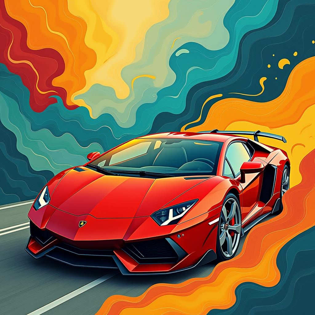 Sleek Cherry-Red Dreamcar in Swirling Abstract Patterns