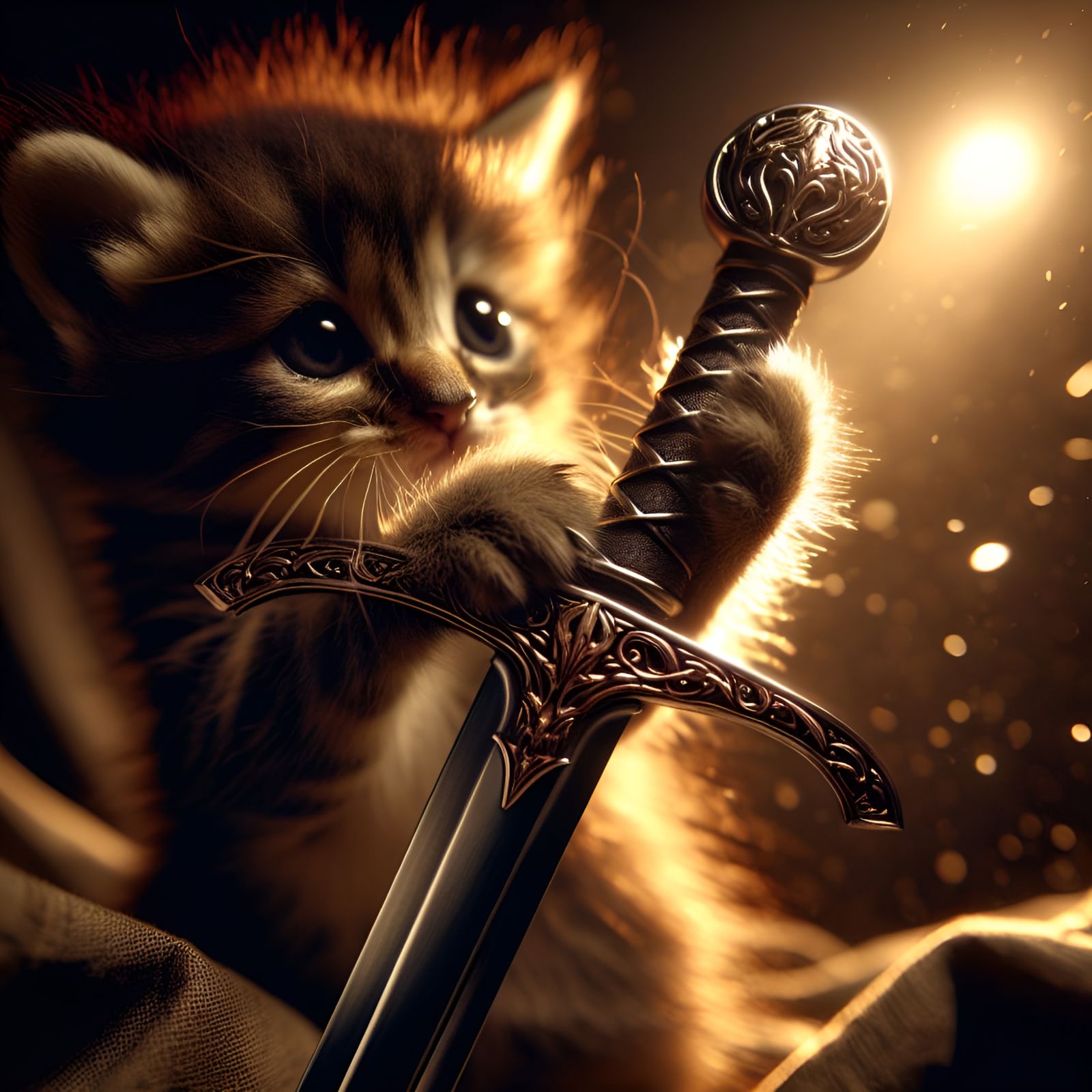 Kitten Hero with Metallic Sword in Cinematic Shot
