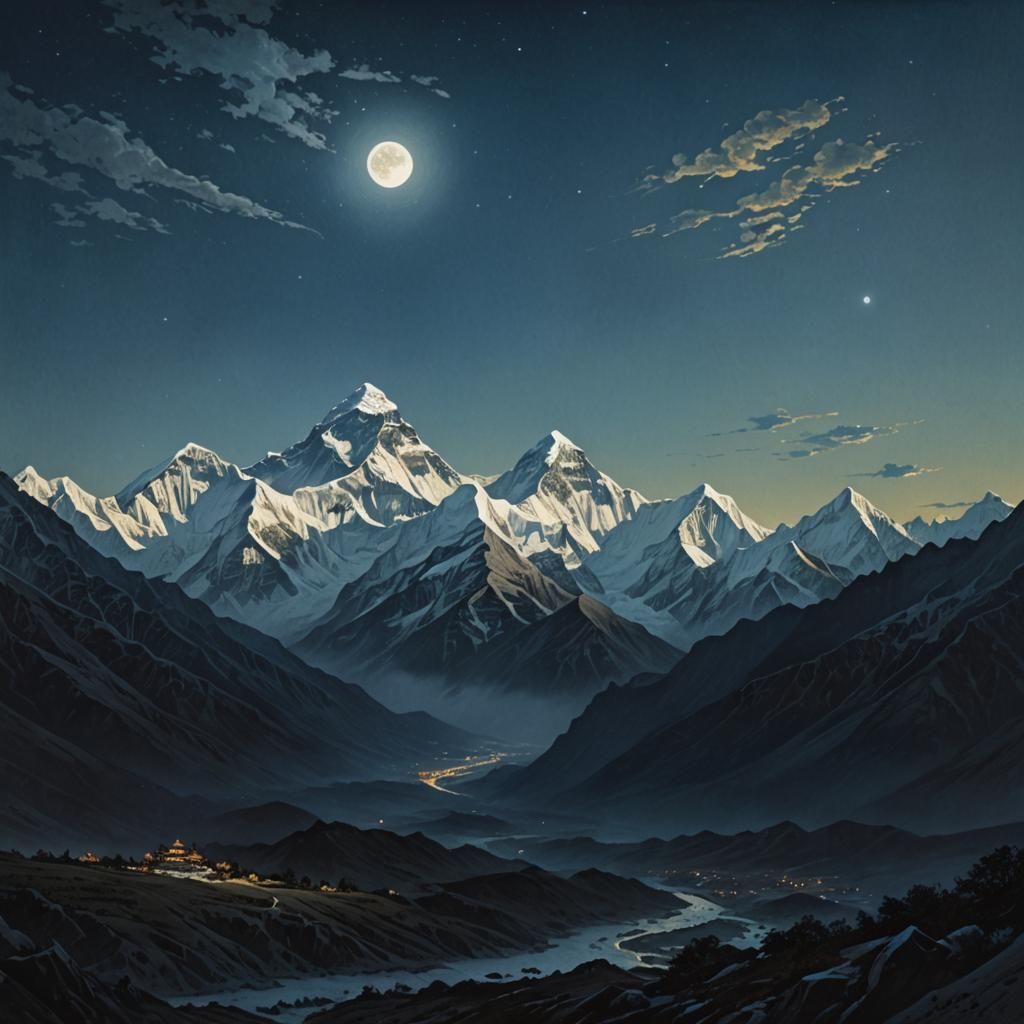 Moonlit Everest: Divine Landscape in Ethereal Style