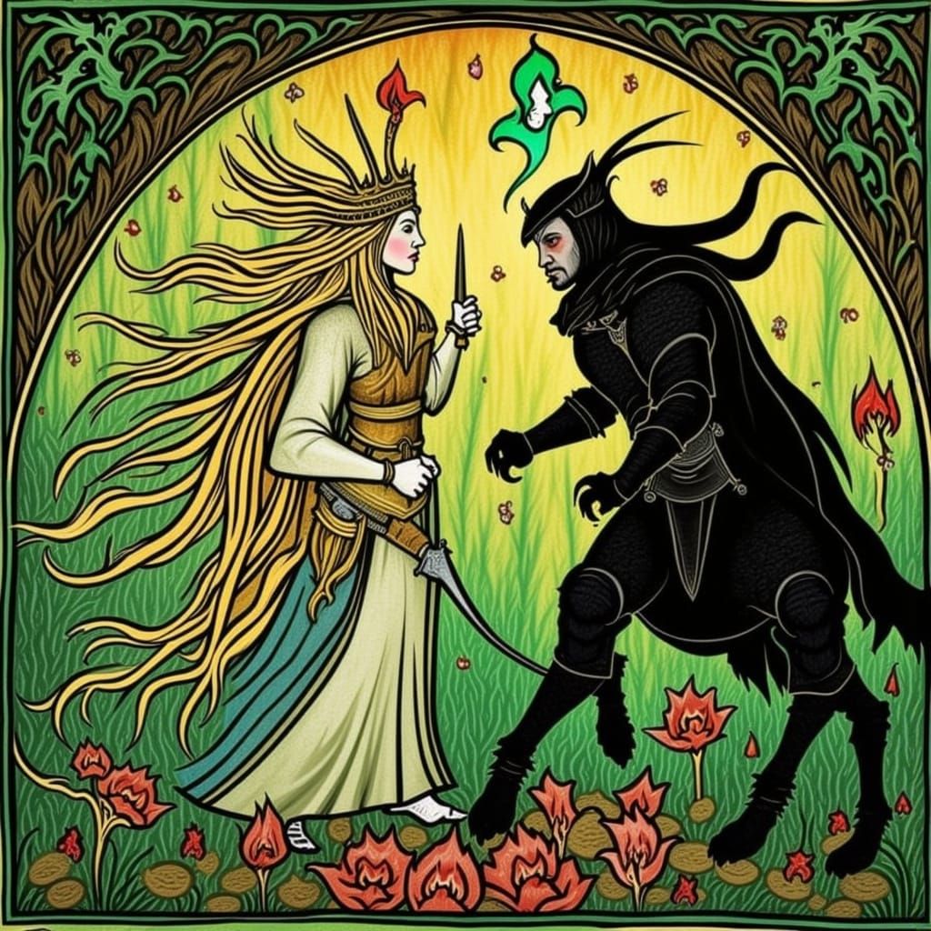 Celestial Knight Faces Demonic Warrior in Art Nouveau Style