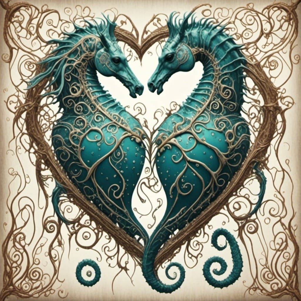 Intricate Seahorse Heart with Spiderweb Design