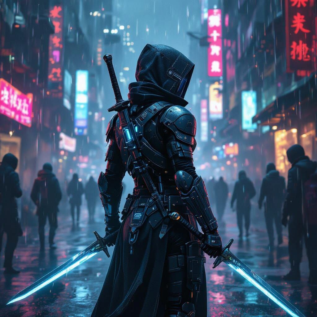Cyberpunk Warrior Amidst Enemies in Neon City