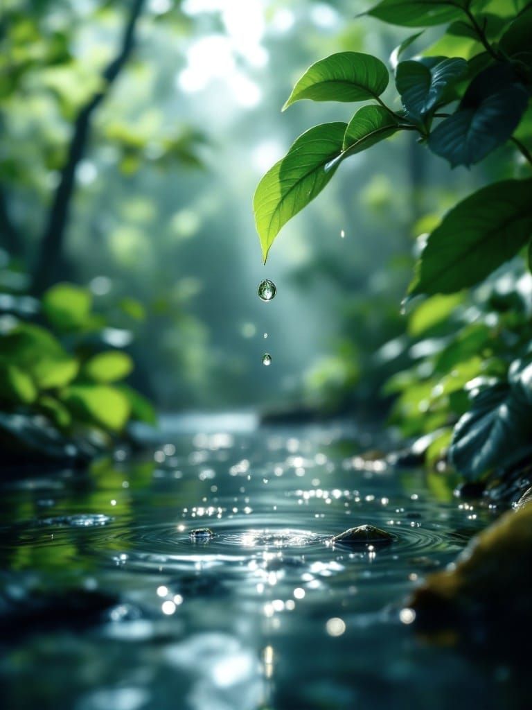 Surreal Raindrop Falls into Serene Forest Pond