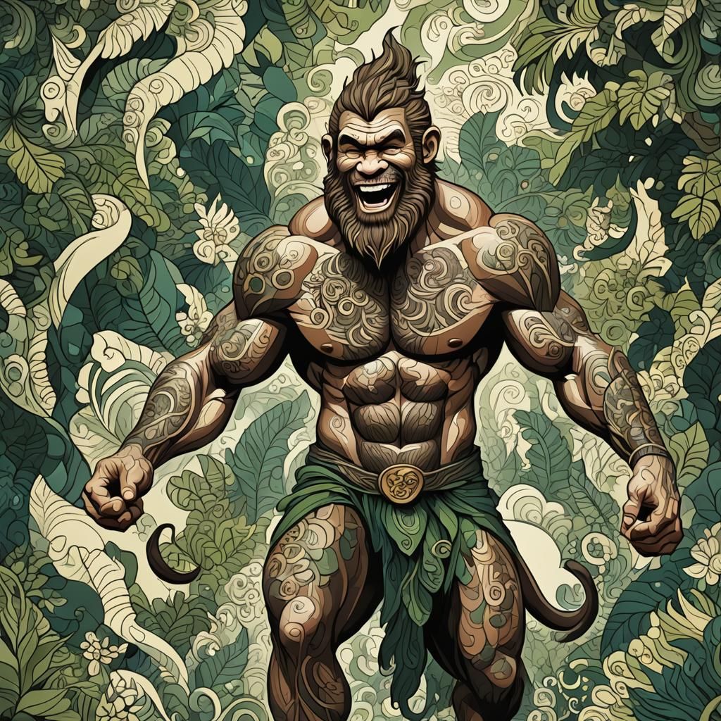 Muscular Tarzan Laughing in Jungle with Monkeys