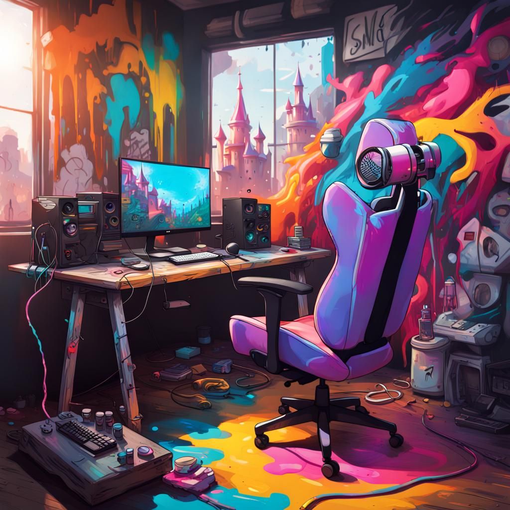 Streamer Set Up Desk Microphone Boom Arm Gaming Chair Closest To Camera , Streaming Room, In A Castle