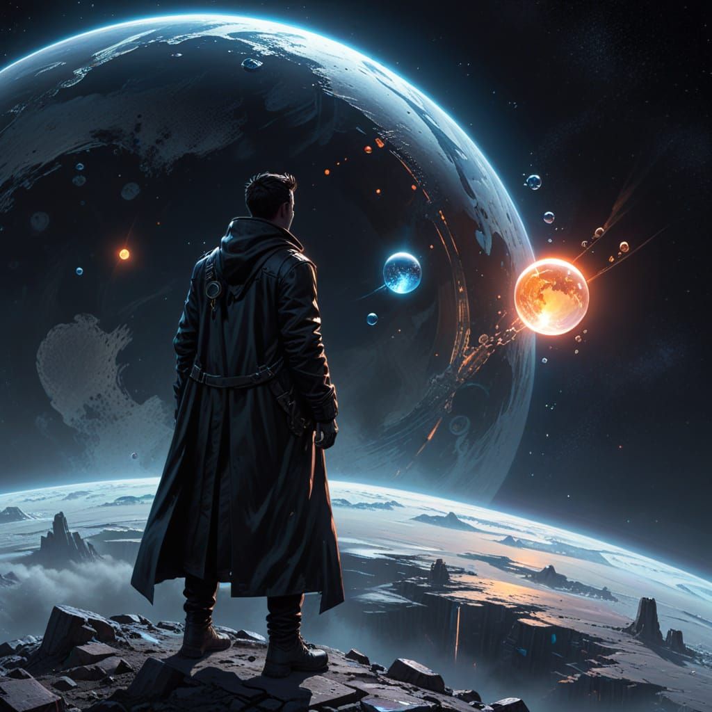 Cyberpunk Man on Moon Gazing at Bubble