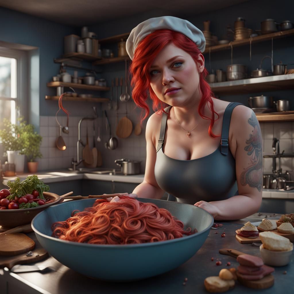 Red-Haired Woman in Detailed Kitchen Painting