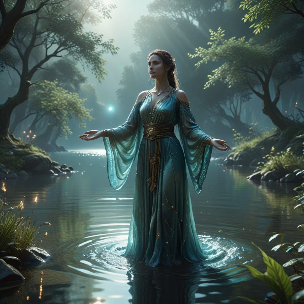 Ethereal Priestess Illuminates Lake with Soft Blue Light