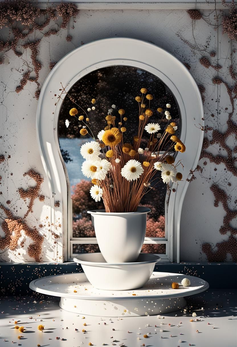 Vibrant Still Life of Dry Flowers in Copper Bucket in Magica...