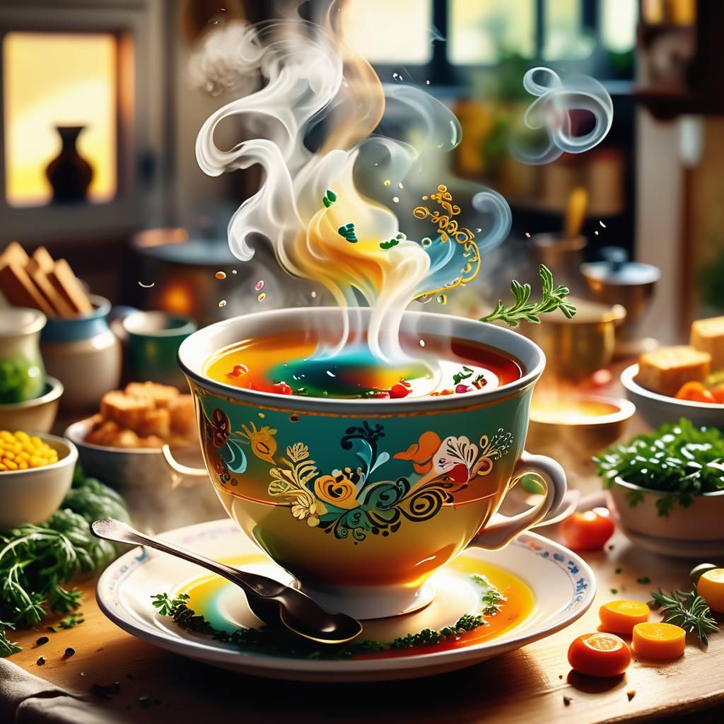 Cozy Kitchen: Teacup Surrounded by Soup Ingredients