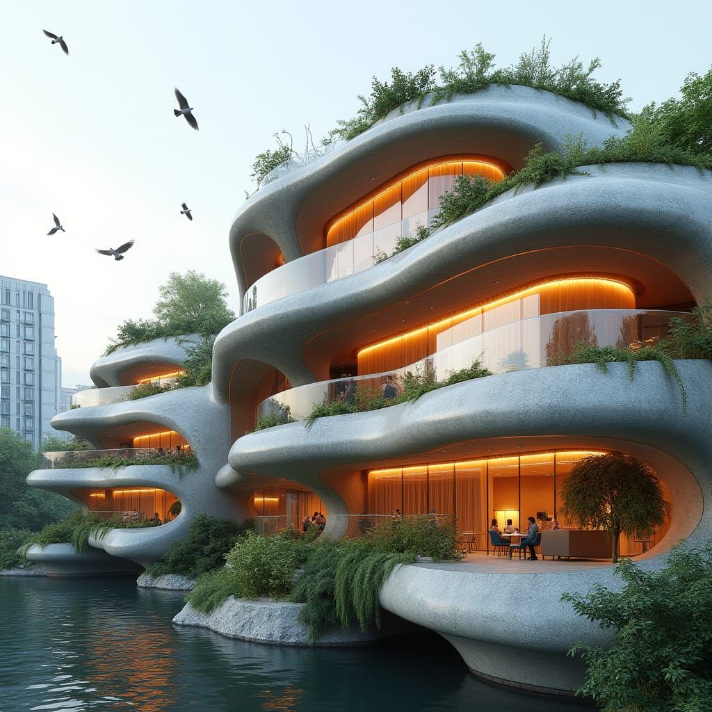 Organic Flower Building with Snake Skin Texture and Timber A...