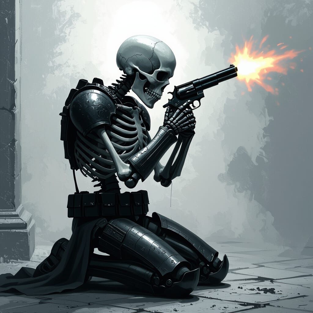 Skeleton Knight Prays While Firing Revolver