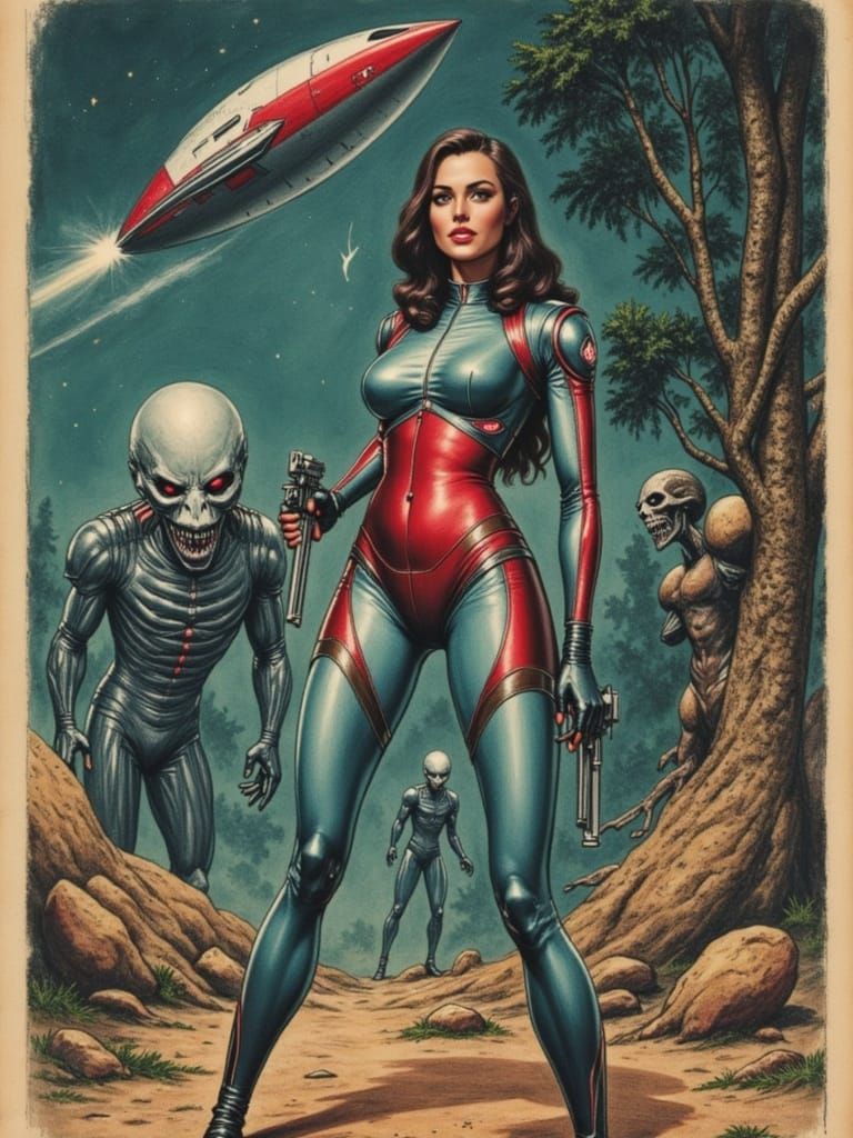 Retro Sci-Fi Comic Cover: Space Woman Battles Alien