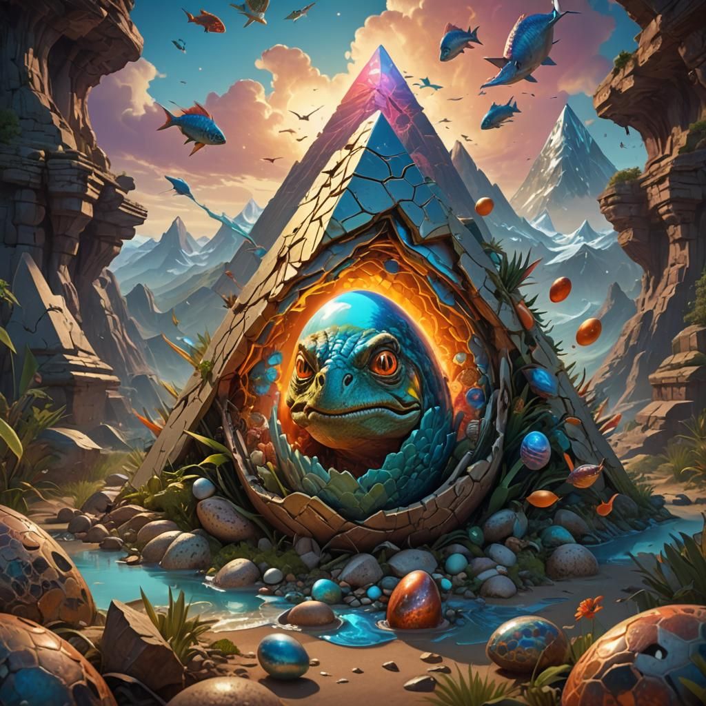 Surreal Dinosaur Hatching in a Chromatic Landscape