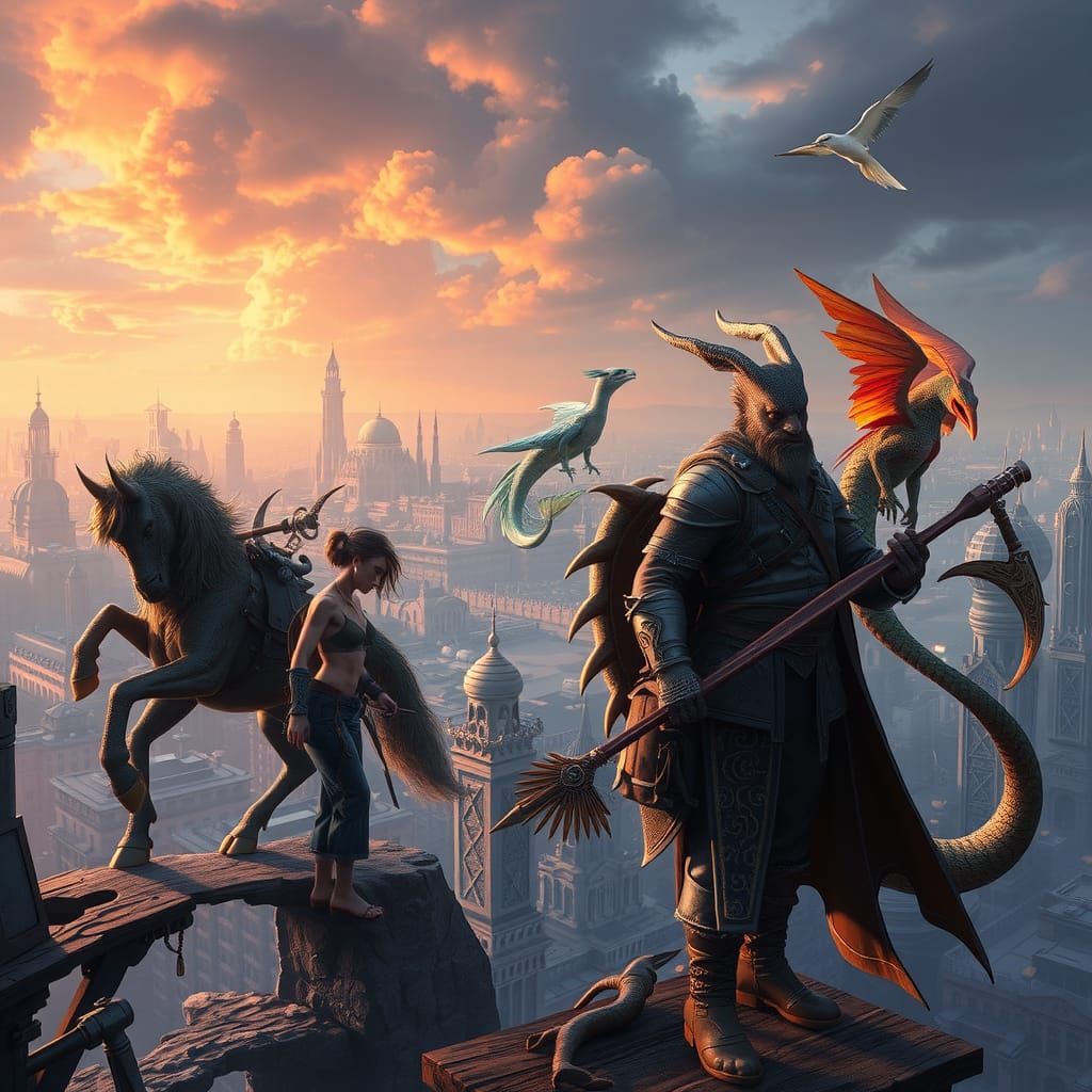 Fantastical Creatures in Dreamlike Cityscape, Fantasy Art