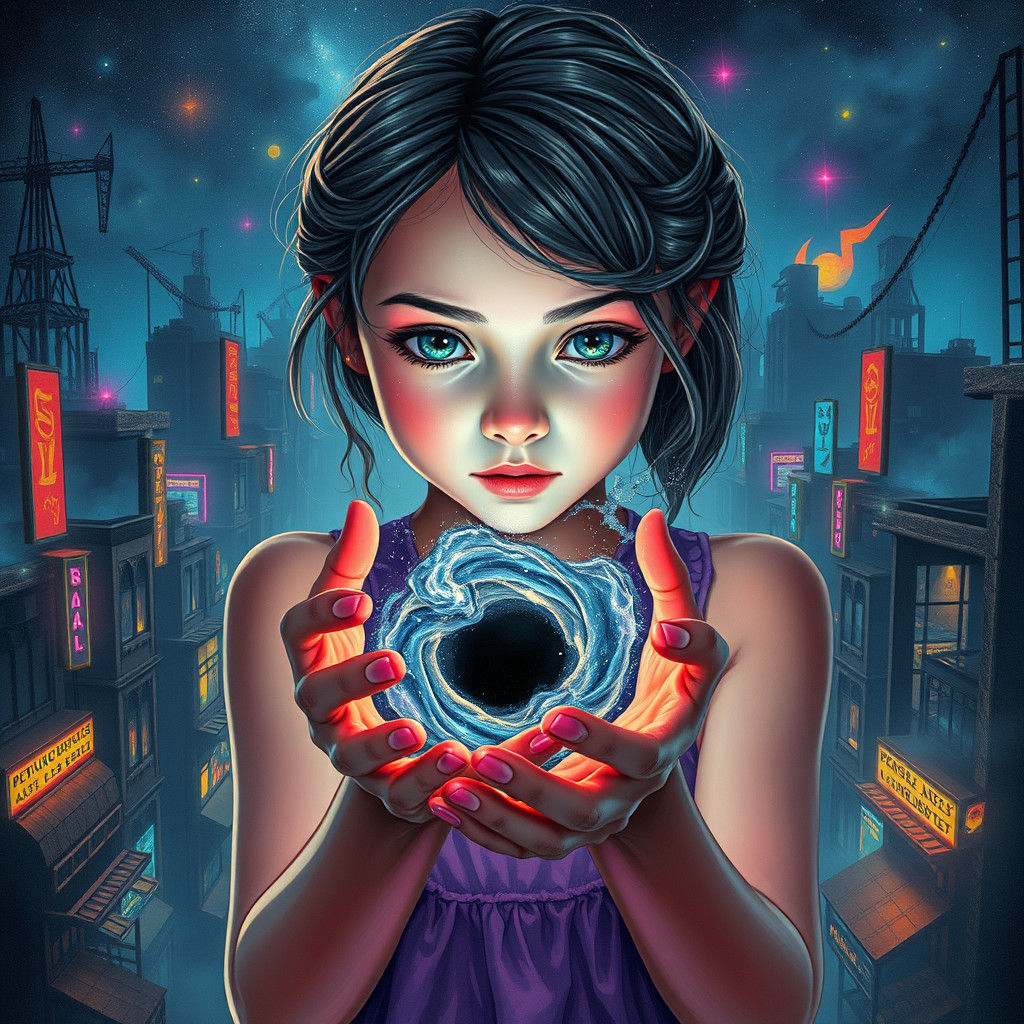 Girl Holds Black Hole in Dystopian Cityscape