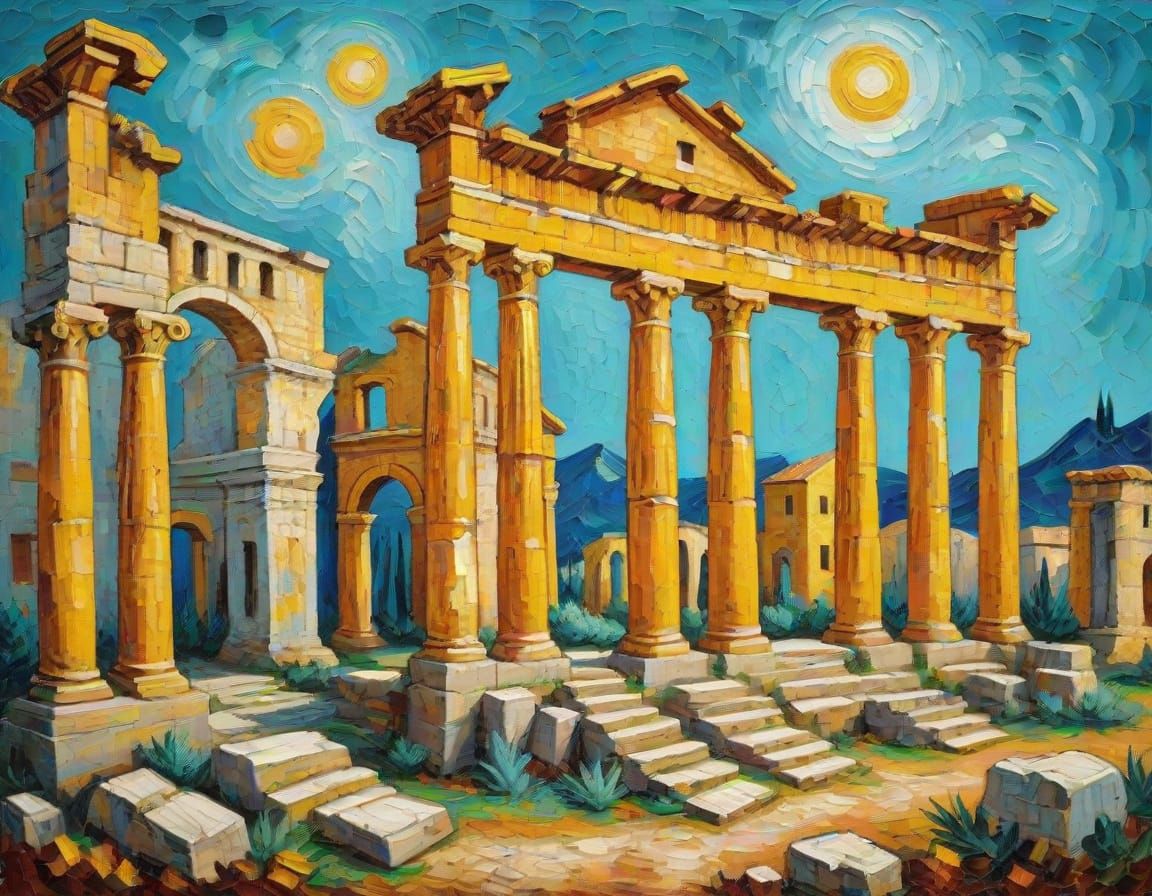 Ethereal Roman Ruins in Vibrant Oil Painting