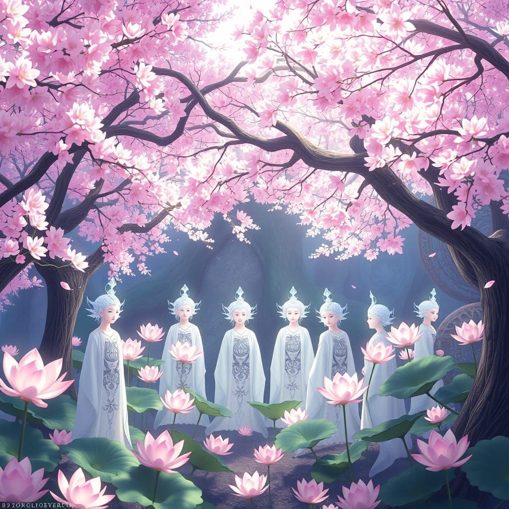 : Envision a hidden grove where anime lotus spirits gather beneath a canopy of cherry blossom trees, their forms shimmer...