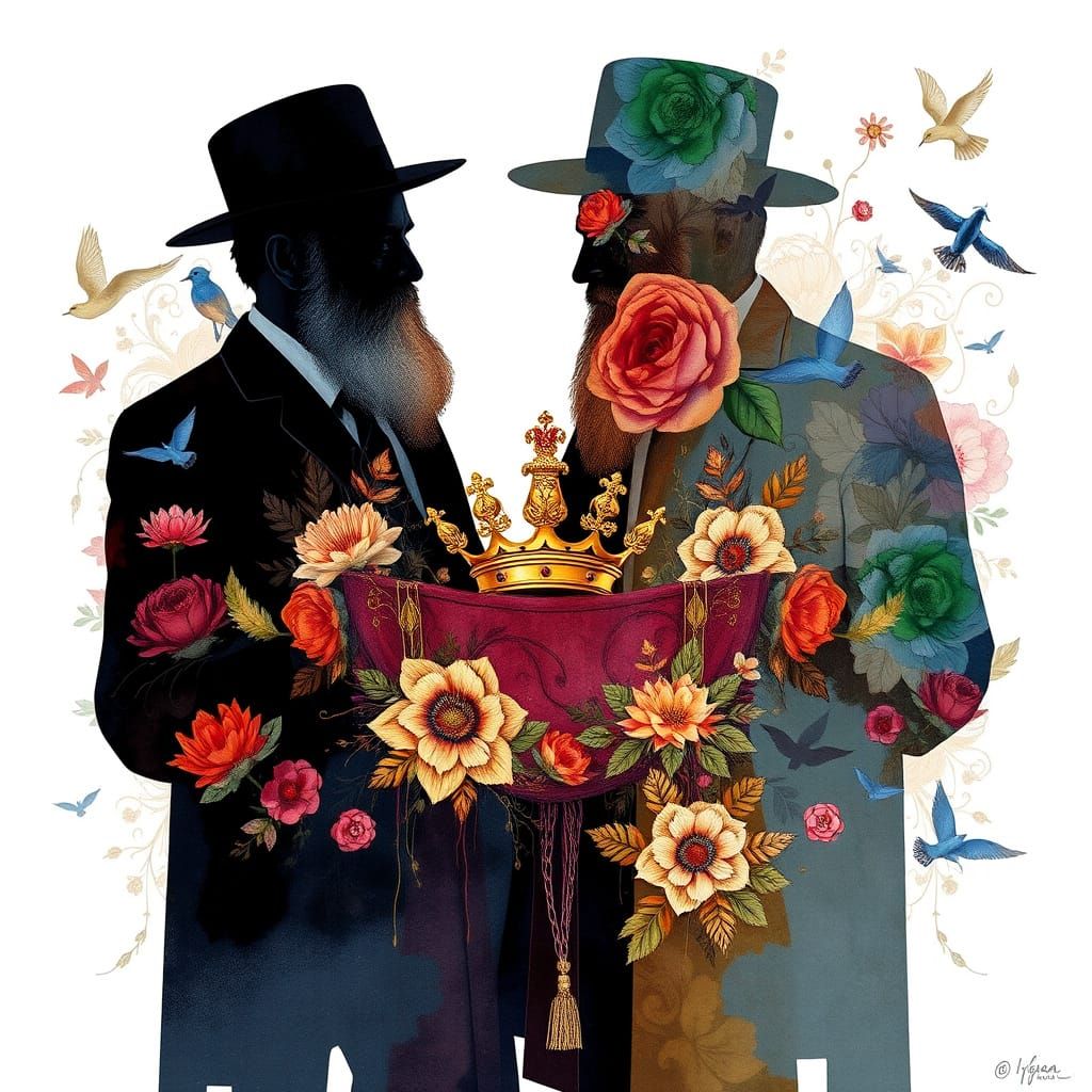 Chasidic Jewish Men Holding Torah Scroll in Double Exposure