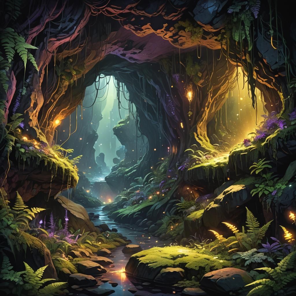Lush Cave with Glowing Crystals: Dark Fantasy Art