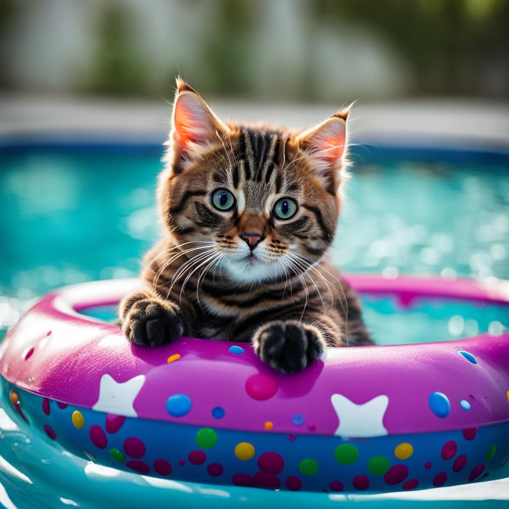 Cute Tabby Cat Plays in Swimming Pool